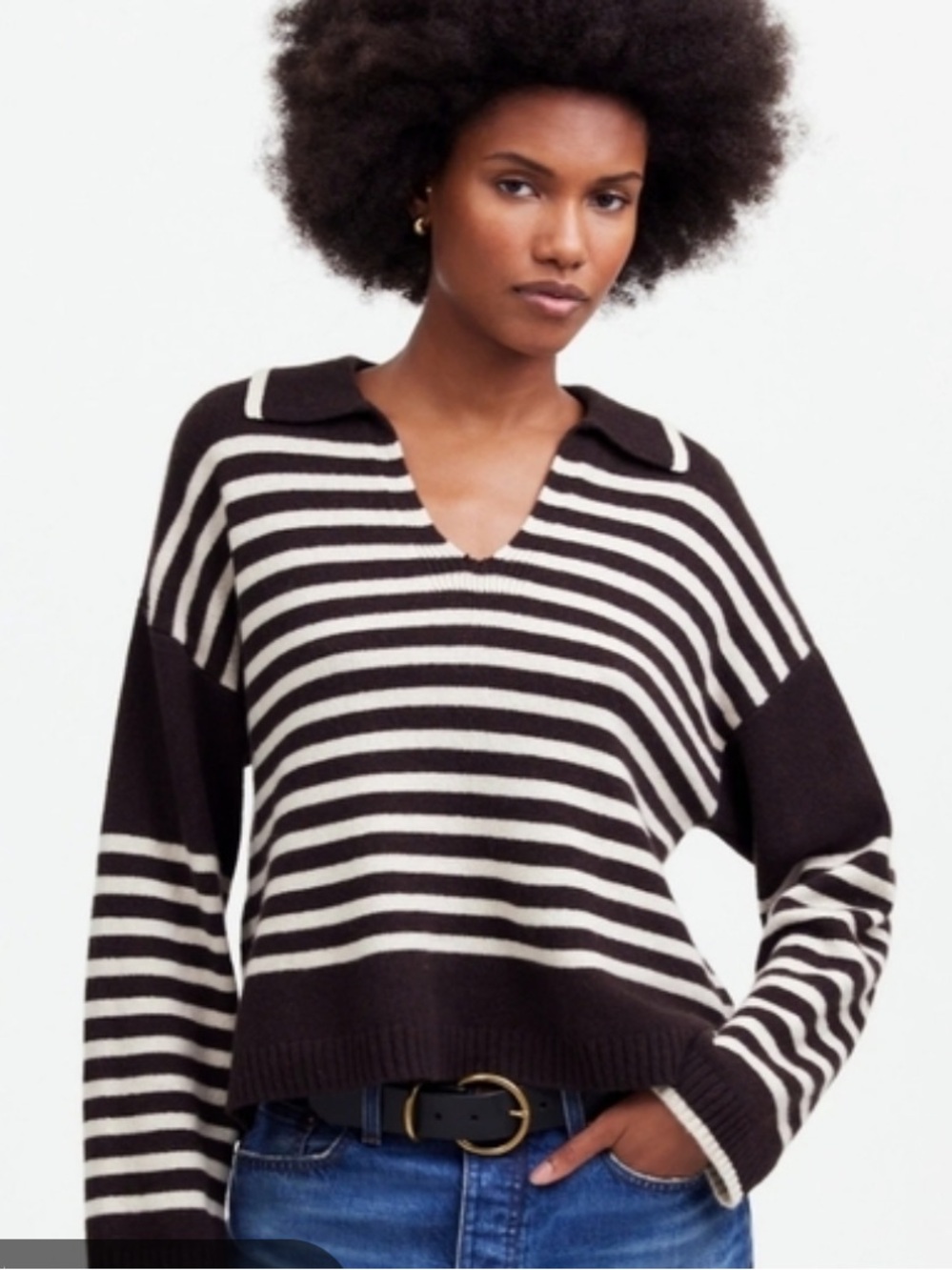 Madewell Cashmere Blend Sweater Womens Small Srriped Polo Collar Oversized Boxy